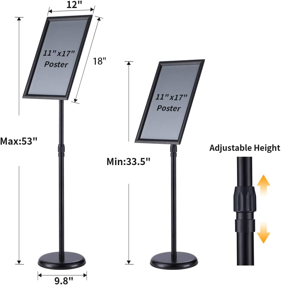 Heavy Duty Adjustable Pedestal Poster Sign Stand, 11x17 Aluminum Open Floor Standing Sign Holder for Vertical and Horizontal View Display. (2 Pack, Black)