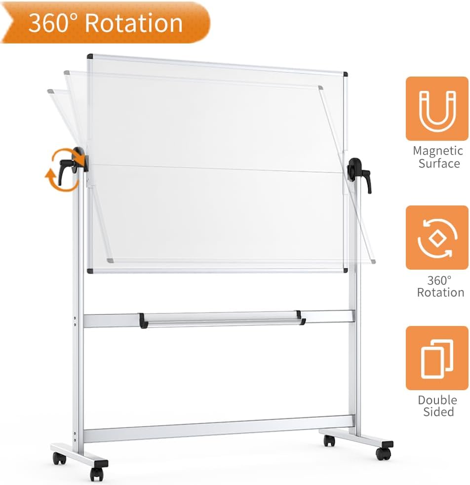 VIZ-PRO Double-Sided Mobile Whiteboard, 48 x 48 Inches, Magnetic Rolling Dry Erase White Board on Wheels with Aluminium Frame and Stand 4' x 4'