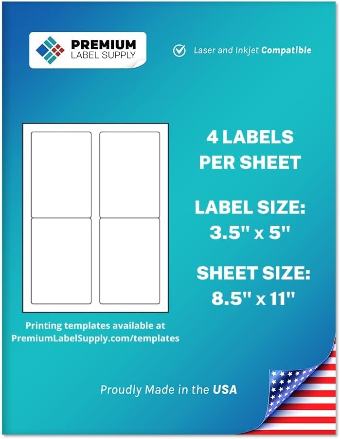 Premium Label Supply White Sticker Mailing/Shipping Labels – 3.5" x 5" – Laser/Inkjet Compatible – (4 per Sheet), 25 Sheets - 100 Total Adhesive Labels