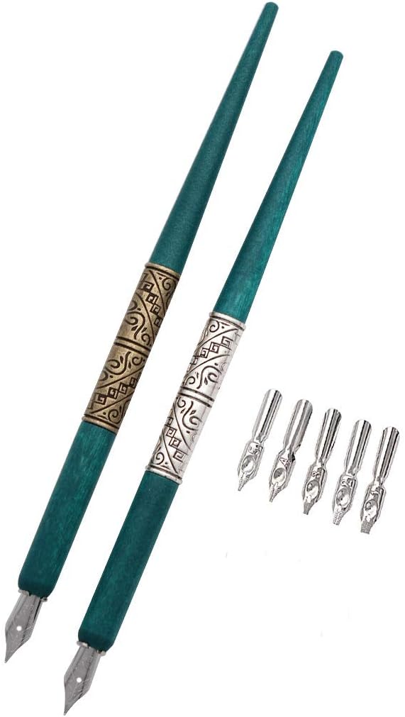 Professional Manga Gothic Pen Dip Pen Calligraphy Drawing Pen Kit, 2 Pen Holders Handles, 7 Nibs (2 Fountain Pen Nib, 5 Flat Nib) - Silver and Bronze