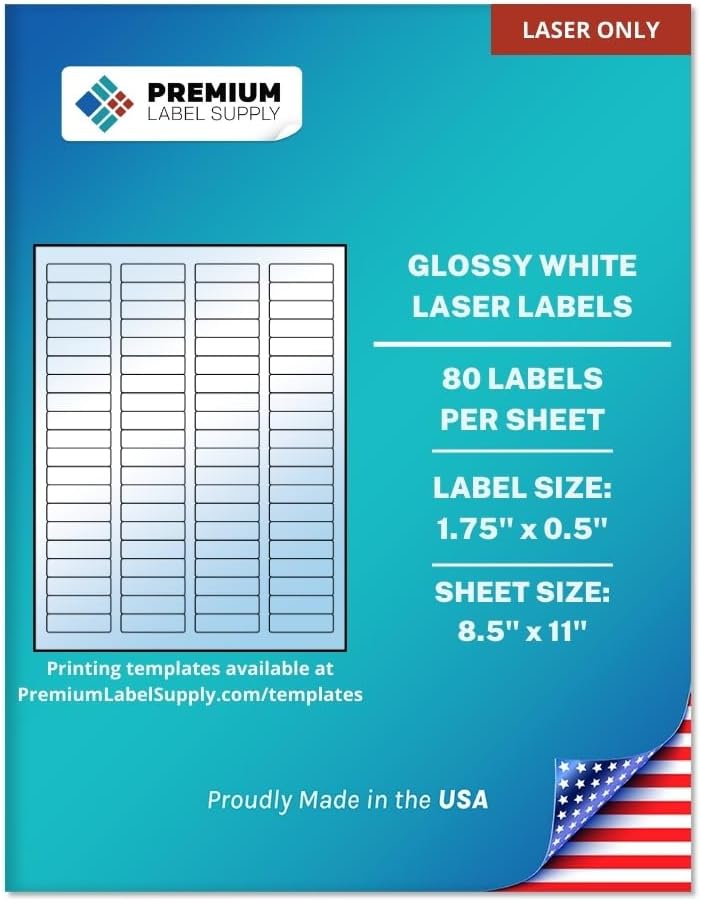Premium Label Supply Glossy White Sticker Return Address Labels – 1.75" x 0.5" – (80 per Sheet) (Glossy White for Laser Only, 800 Labels)