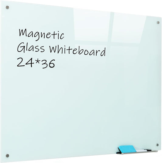 Magnetic Glass Whiteboard, 24"x36"Frameless Dry Erase Board White Board Surface Wall Mounted for Office, Classroom & Home