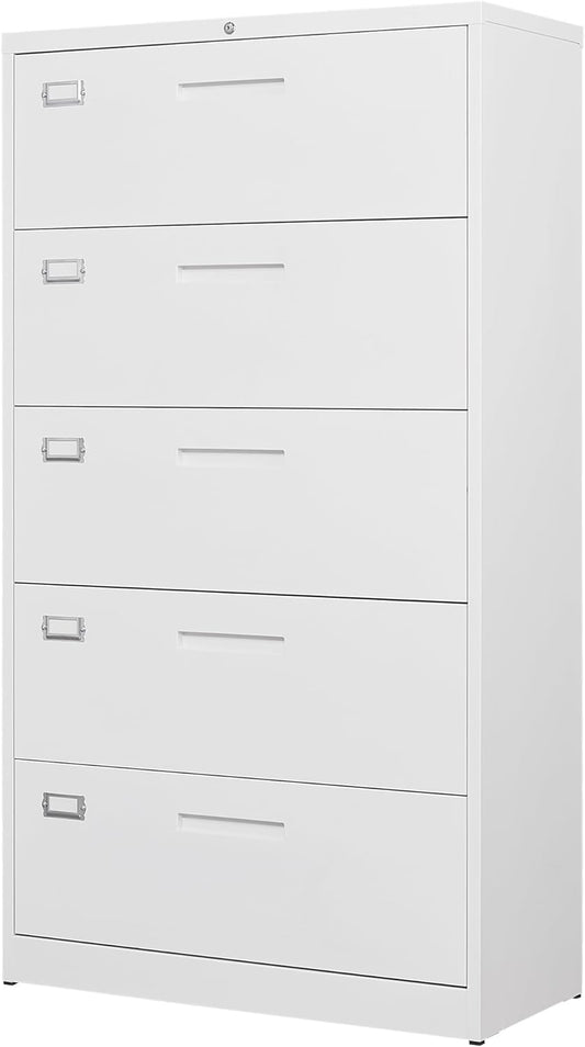 Letaya Lateral 5 Drawer File Cabinet with Lock,Metal Wide White Filing Cabinets for Home Office Storage A4/F4/Letter/Legal(Assembly Required)