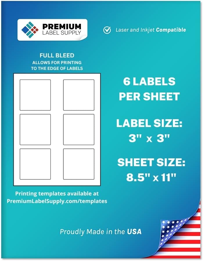 Premium Label Supply White Sticker Square Labels – 3" x 3" – Laser/Inkjet Compatible – (6 per Sheet), 100 Sheets – 600 Total Adhesive Labels