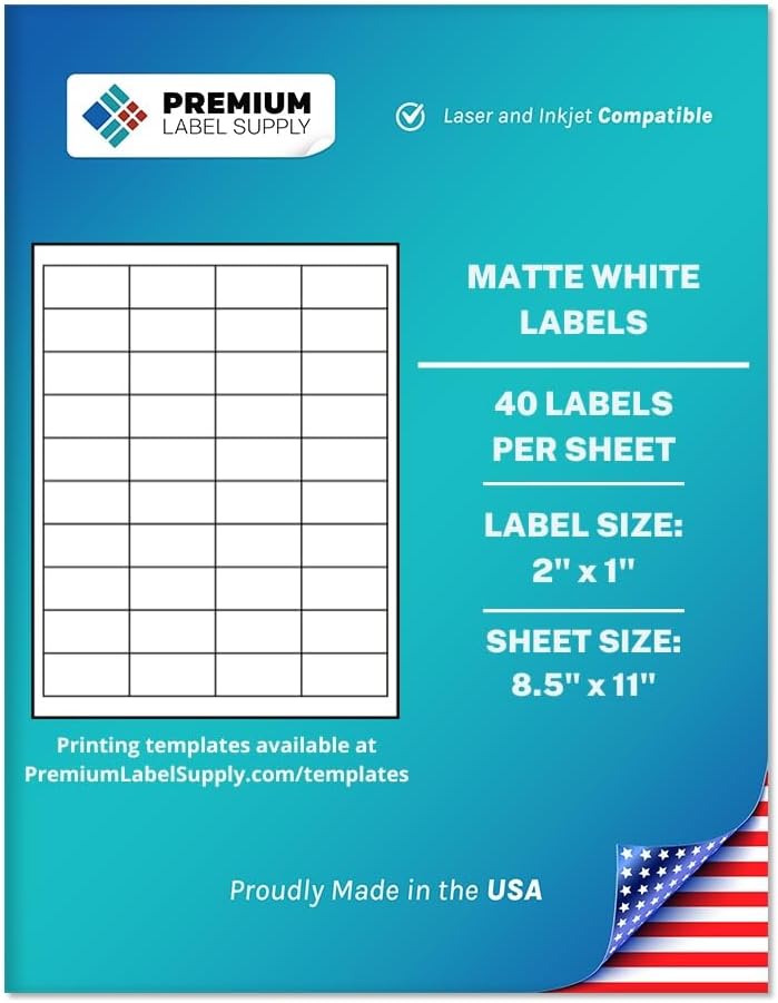 Premium Label Supply White Sticker Barcode Labels – 2" x 1" – Laser/Inkjet Compatible – (40 per Sheet), 100 Sheets – 4000 Total Adhesive Labels