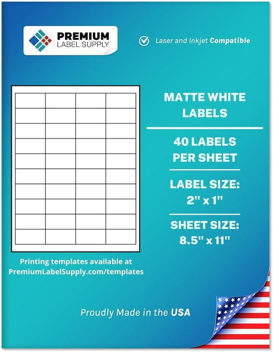 Premium Label Supply White Sticker Barcode Labels – 2" x 1" – Laser/Inkjet Compatible – (40 per Sheet), 100 Sheets – 4000 Total Adhesive Labels