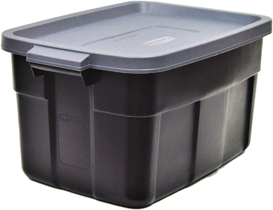 Rubbermaid 3-Pack Garage Storage Bins 18x12 Inch Heavy Duty Storage Bins, Large Capacity - USA Made Stackable Plastic Bins with Lids Black