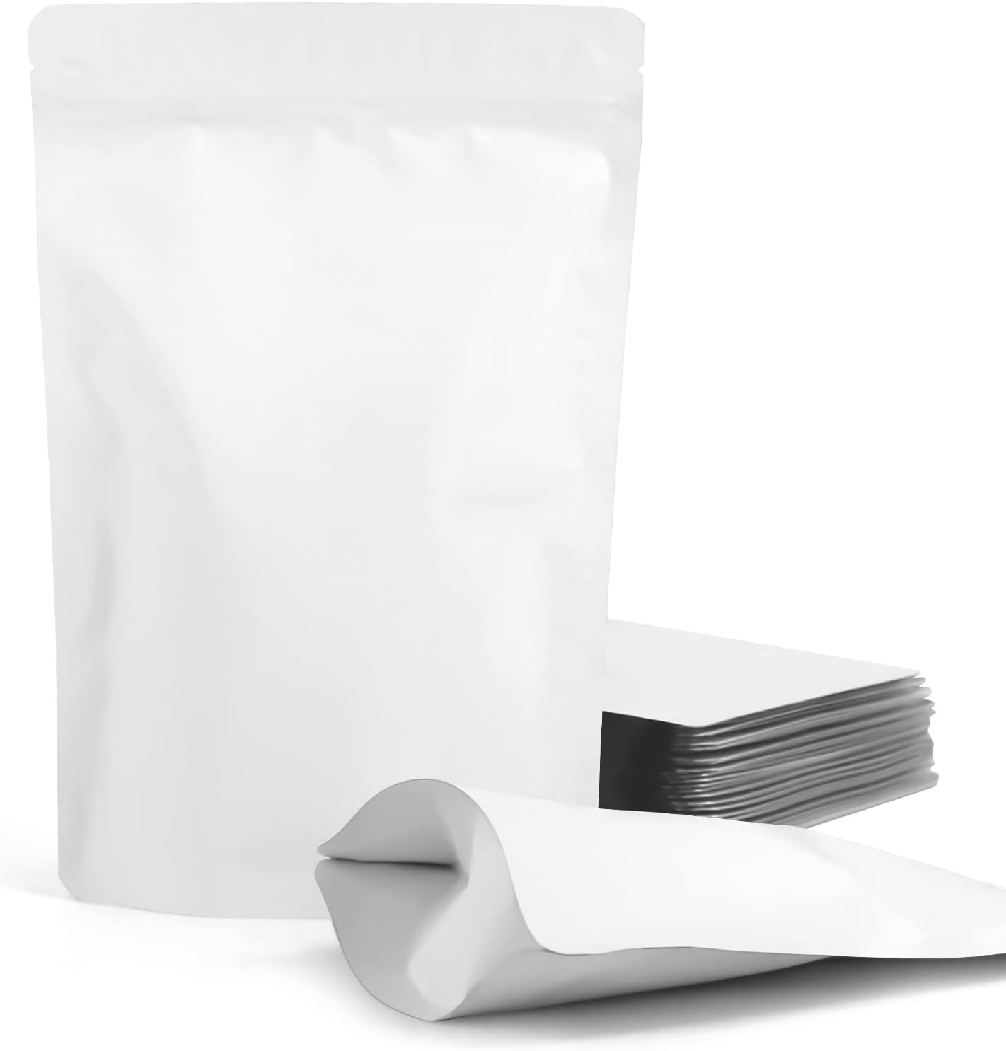 100 Pack Resealable Stand Up Bags,7.1" x 10.2" Smell Proof Pouch Sealable Foil Pouch Bags for Packaging (White)