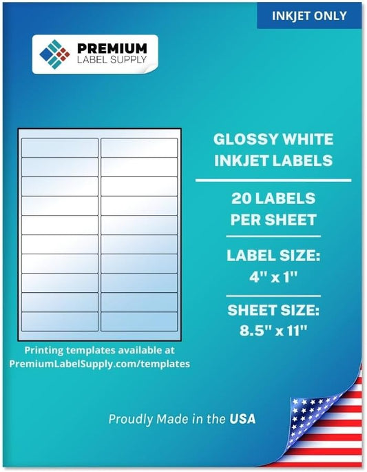Premium Label Supply Glossy White Address Sticker Labels – 4" x 1" – (20 per Sheet) (Glossy White for Inkjet Only, 500 Labels)