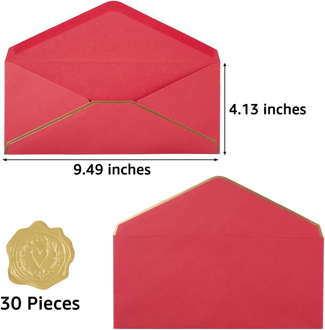 30 Pack Thick #10 Business Envelopes with Gold Border, 4 1/8 x 9 1/2 Thick Paper Standard Envelopes with Stickers for Office, Checks, Letter Mailing, Invoices (Red)