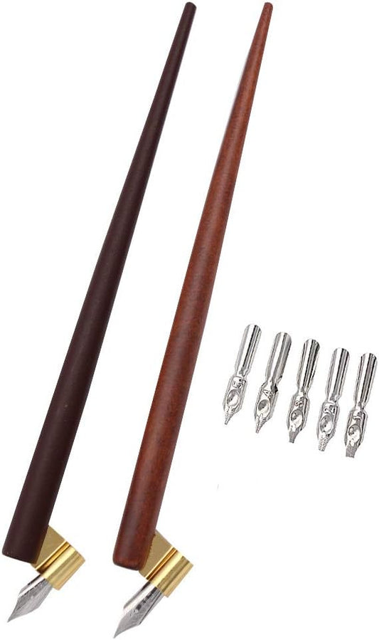 Professional Manga Gothic Pen Dip Pen Calligraphy Drawing Pen Kit, 2 Pen Holders Handles, 7 Nibs (2 Fountain Pen Nib, 5 Flat Nib) - Brown Wood and Redwood