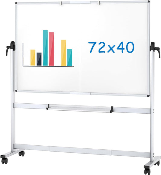VIZ-PRO Double-Sided Mobile Whiteboard, 72 x 40 Inches, Magnetic Rolling Dry Erase White Board on Wheels with Aluminium Frame and Stand