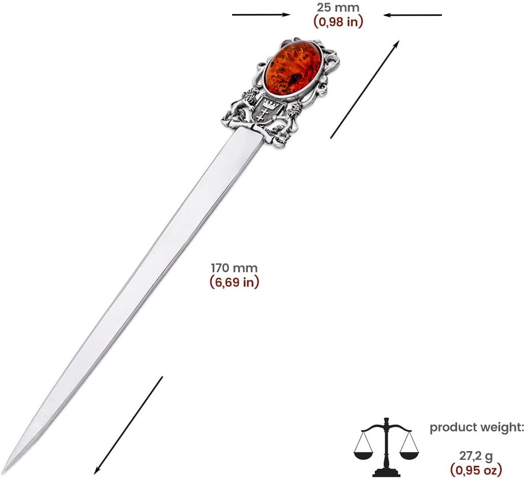 Silver Letter Opener with Baltic Amber, Oxidised Sterling Silver, Paper Knife with The Coat of Arms of Gdansk