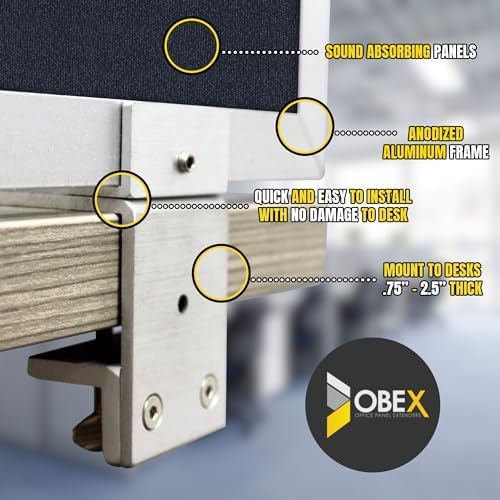 OBEX Acoustic Mounted Screen Privacy Panel Table Top Separator, Sound Blocking Desk Divider (Slate, 18" X 36")