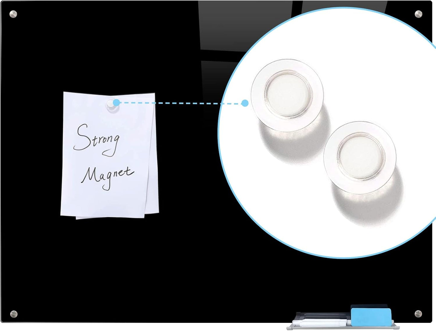 Magnetic Black Glass Board with Eraser Frameless Tempered Glass Dry Erase Blackboard with Marker Tray for Interactive Office, Wall Mounted Frosted Black Glass Board, 48" x 36"