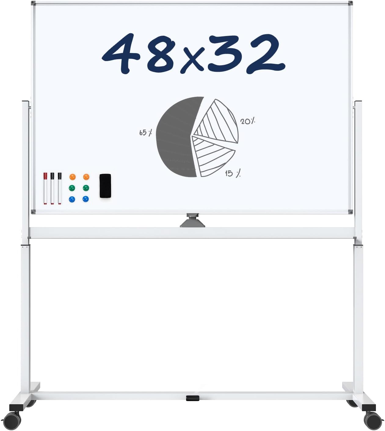 Large Dry-Erase Rolling Magnetic Whiteboard - TSJ OFFICE 48 x 32 Inches Dry Erase Board with Stand Height Adjust Double Sides Mobile White Board Easel on Wheels Office, Home & Classroom