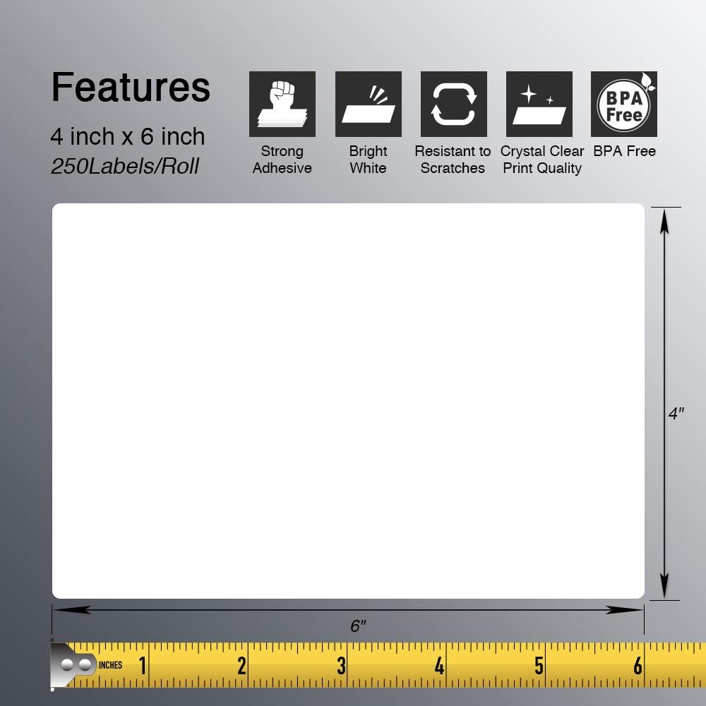 BETCKEY - 4" x 6" (102 mm x 152 mm) Shipping Labels Compatible with Zebra & Rollo Label Printer(not for dymo 4XL), Premium Adhesive & Perforated [16 Rolls, 4000 Labels]