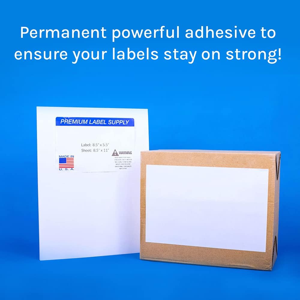 Premium Label Supply White Sticker Half Sheet Labels – 8.5" x 5.5" – Laser/Inkjet Compatible – (2 per Sheet), 200 Sheets - 400 Total Adhesive Labels