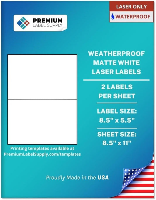 Premium Label Supply Waterproof Matte White Shipping Labels – 8.5" x 5.5" – Laser Printers Only – (2 per Sheet), 1000 Sheets - 2,000 Total Adhesive Labels