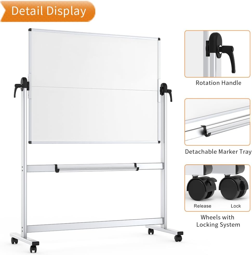 VIZ-PRO Double-Sided Mobile Whiteboard, 48 x 48 Inches, Magnetic Rolling Dry Erase White Board on Wheels with Aluminium Frame and Stand 4' x 4'