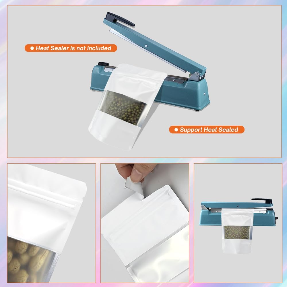 White Smell Proof Packaging Bags,Mylar Clear Bags for Food Storage,Sealable Bag for Packaging,Stand Up Pouches with Window,ReSealable Bag for Small Business,Cookies,Candy