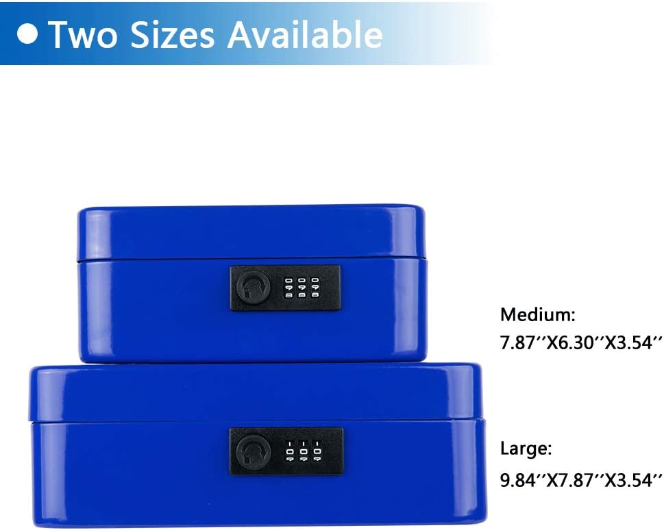 KYODOLED Large Cash Box with Combination Lock,Safe Metal Box for Money, Storage Lock Box with Money Tray,9.84"x 7.87"x 3.54" Blue Large