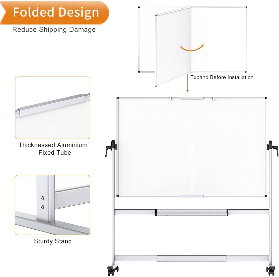 VIZ-PRO Double-Sided Mobile Whiteboard, 72 x 48 Inches, Magnetic Rolling Dry Erase White Board on Wheels with Aluminium Frame and Stand 6' x 4'