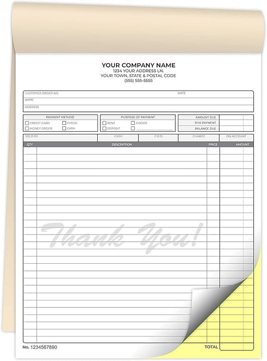 Custom 5.5" X 8.5" Invoice Receipt Book, Carbonless NCR Invoice Book in 2-Part Duplicate Receipts, Estimates, Purchase Orders, Sales Orders (White/Yellow, 100 Sets)