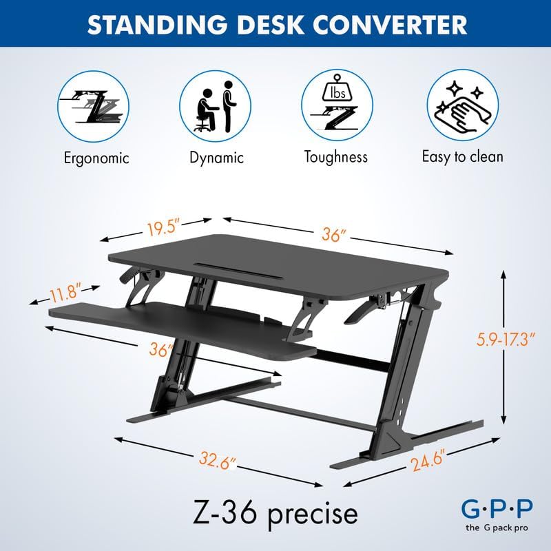 Standing Desk Converter – 36" Wide Stand Up Desk Riser – Quick Sit to Stand Tabletop Dual Monitor Workstation – Height Adjustable Up to 17.3" – Black