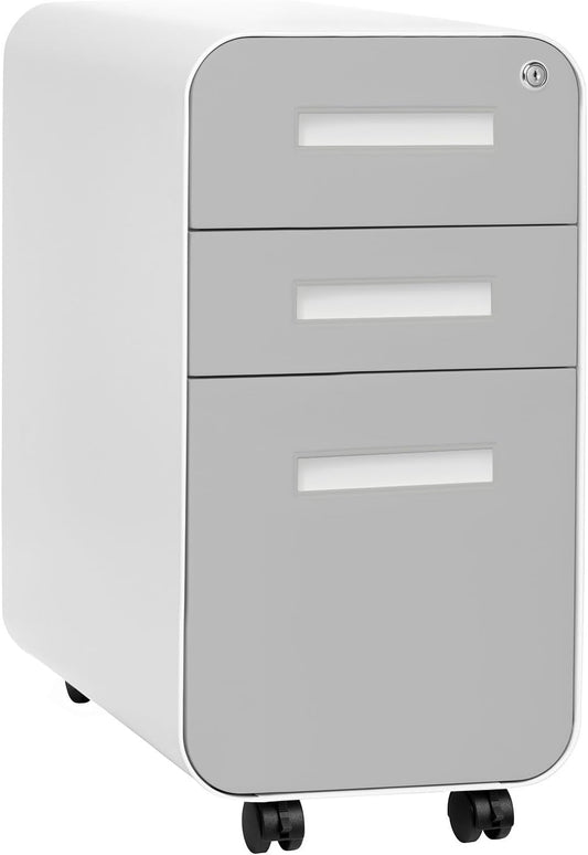 Laura Davidson Furniture Stockpile Slim 3-Drawer Mobile File Cabinet with Lock - Under Desk Metal Filing Cabinet, Legal/Letter File Folders, Wheels & Stationary Feet, Assembled, Light Grey Faceplate