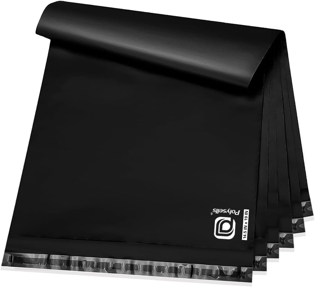 POLYSELLS 100 pcs 14.5x19 Inches Black Poly Mailers Shipping Envelopes, Strong Adhesive Sealing, Waterproof, and Tear-resistant Postal Mailing Bags for Clothing, Books, and Accessories
