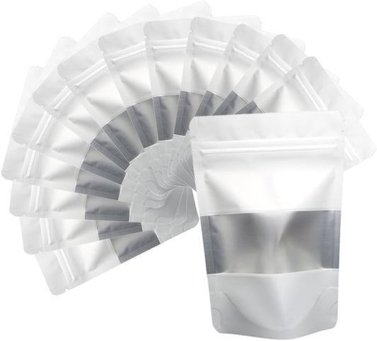 4CP 100 Pcs White Zipper Smell Proof Bags with Window, 7.0x10.5 Inch Stand Up Foil Pouches for Food Selfsealing Storage, Reusable Bag for Packaging Small Business, Cookies, Nunt, Candy