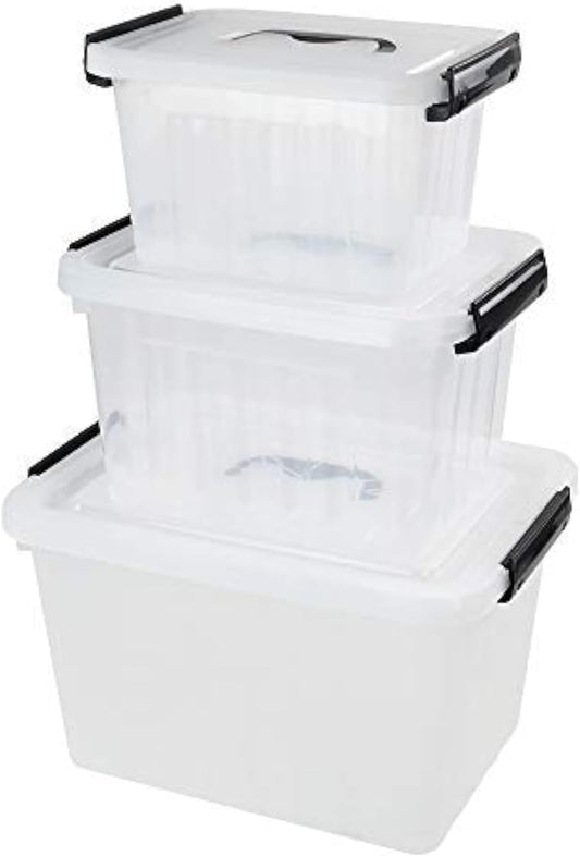Farmoon 3 Packs Clear Lidded Storage Bin, Plastic Stackable Storage Container Box with Handle