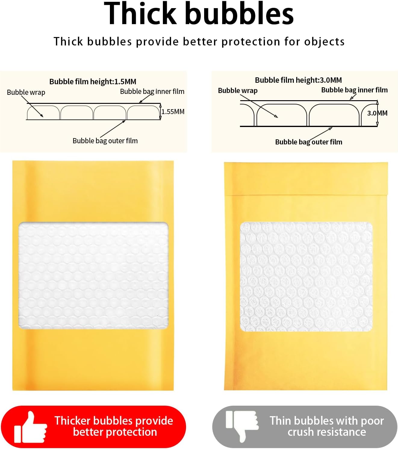 Dasen Kraft Bubble Mailers 3.5x5 Inch 50 Pcs,Small Self-Sealing Waterproof Cushioned Mail Shipping Bags,Yellow Padded Envelopes #0000