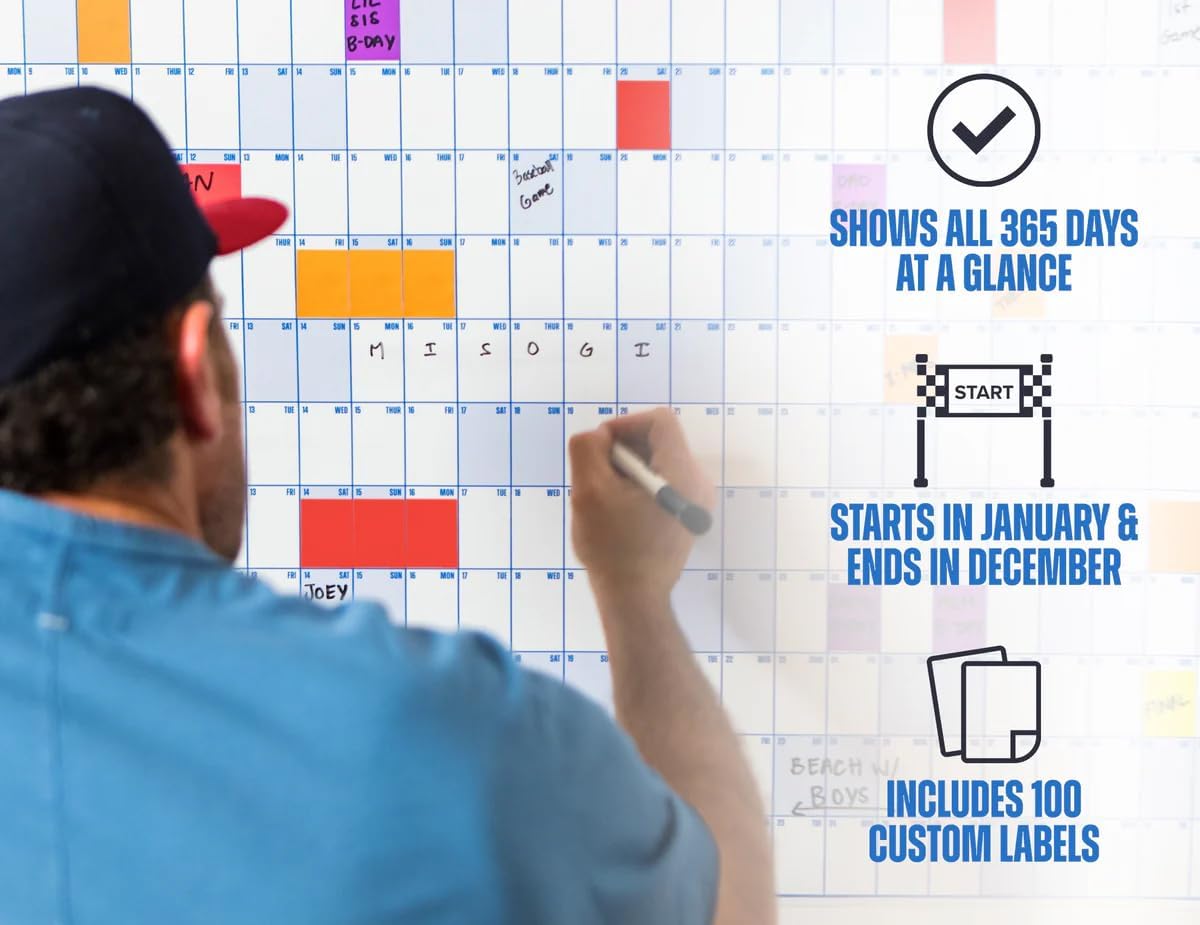 The Big A## Calendar Yearly Wall Planner – January to December Dry-Erase – Includes 1 Marker & 100 Labels – Lightweight, Easy to Hang Yearly Planner – Plan Goals & Adventures – Blue, 4’x3’