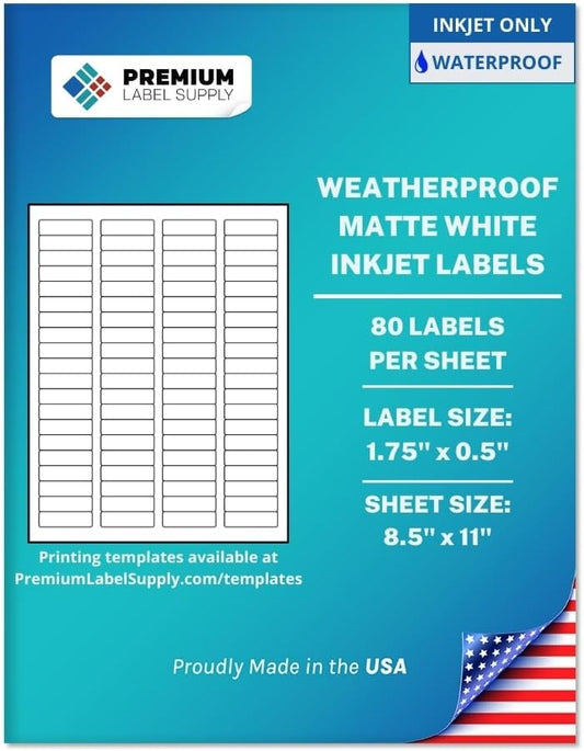 Premium Label Supply Waterproof White Return Address Sticker Labels – 1.75" x 0.5" – Inkjet Printers Only – (80 per Sheet), 500 Sheets - 40,000 Total Adhesive Labels