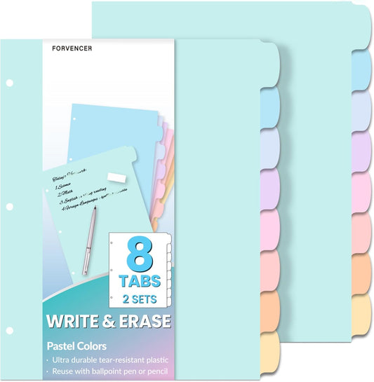 Forvencer 8-Tab Binder Dividers with Tabs, Big Tabs, Write&Erase Plastic Dividers for 3 Ring Binder, Binder Tabs for Organizers, 3 Ring Binder Dividers with Tabs for School Office (Pastels, 2 Set)