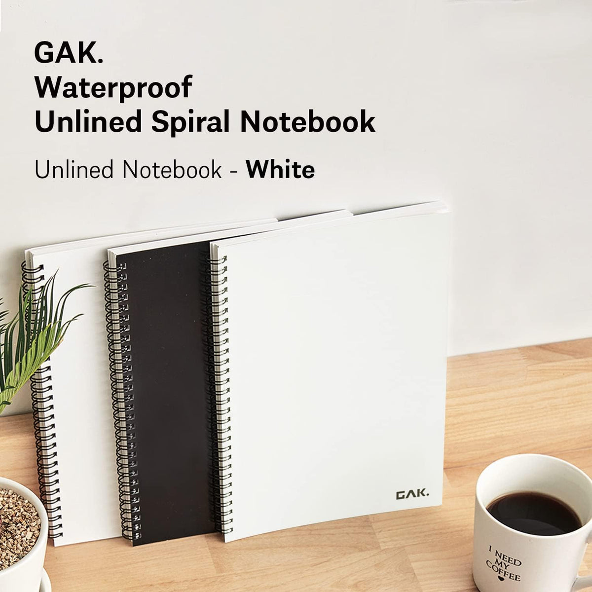 GAK. Stone Paper Notebook | No Lines Spiral Notebook Waterproof Sheet Aesthetic Journal for Note Taking | Notebooks for Work & Aesthetic School Supplies | Large Size, White (7.2”x10.1”, 50 sheets)