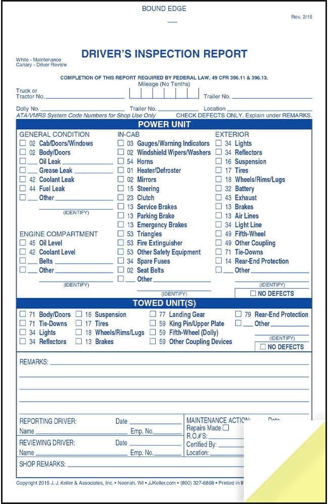 Detailed Driver's Vehicle Inspection Report 10-pk. - Book Format with 31 Sets, 2-Ply Carbonless, Blue Ink, 5.5" x 8.5", Meet FMCSR Requirements, J. J. Keller & Associates, Inc.