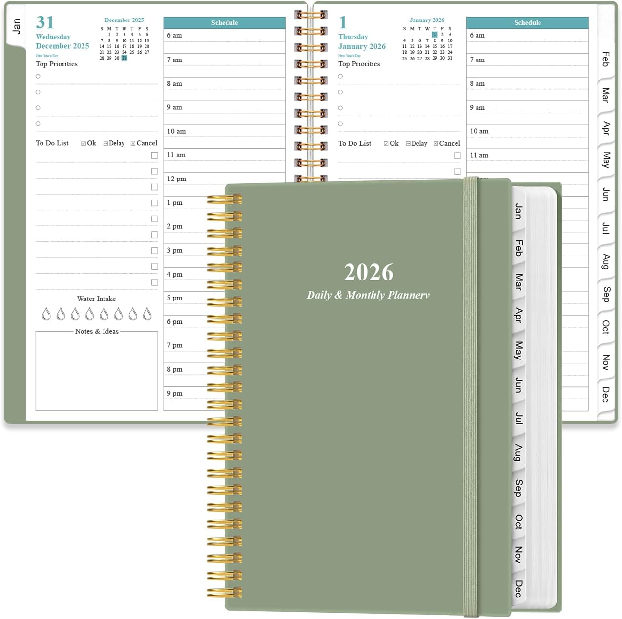 2026 Daily & Monthly Planner - One Page Per Day, Daily Planner 2026 from January 2026 to December 2026, Planner 2026 with 12 Monthly Tabs, 6.4" x 8.5", Green