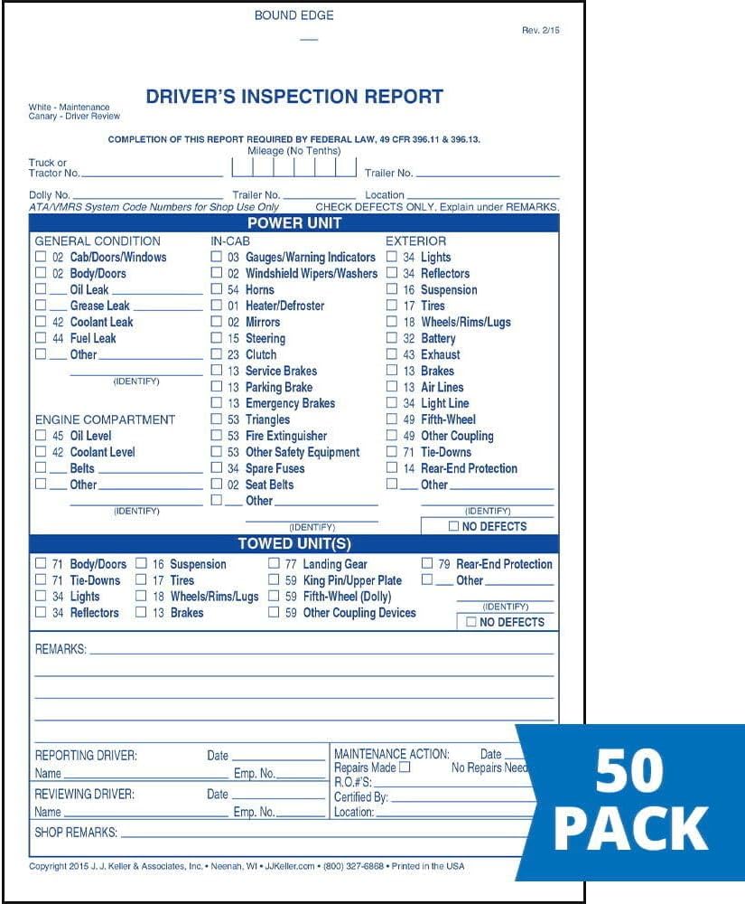 Driver's Vehicle Inspection Report, Carbonless 2-Ply, Book Format with 31 Sets, 5.5" x 8.5", 25 Pack, J. J. Keller & Associates, Inc.