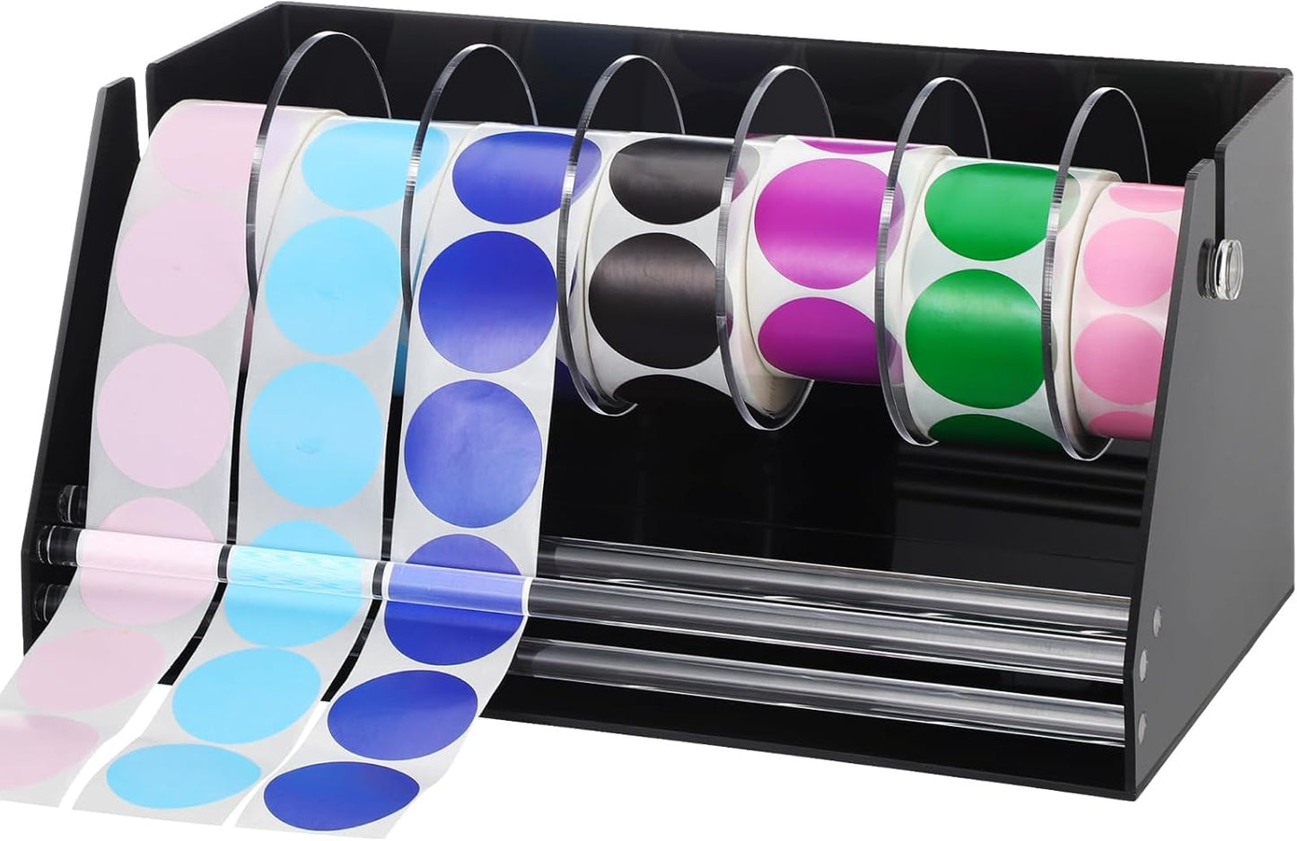 Adjustable Label Dispenser Acrylic Sticker Roll Dispenser Label Roll Holder Multi Use Sticker Holder Organizer Stand for School Gifts and Home Office Desktop(7 Disks)