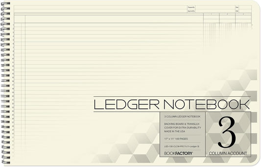 BookFactory Accounting Ledger Notebook/Large 3 Column Accounting Ledger Columnar (Three Columns) Log Book - 17'' x 11'', 100 Pages, Wire-O Landscape Format (LED-100-CLCW-PP(17x11-Ledger-3)-AX)