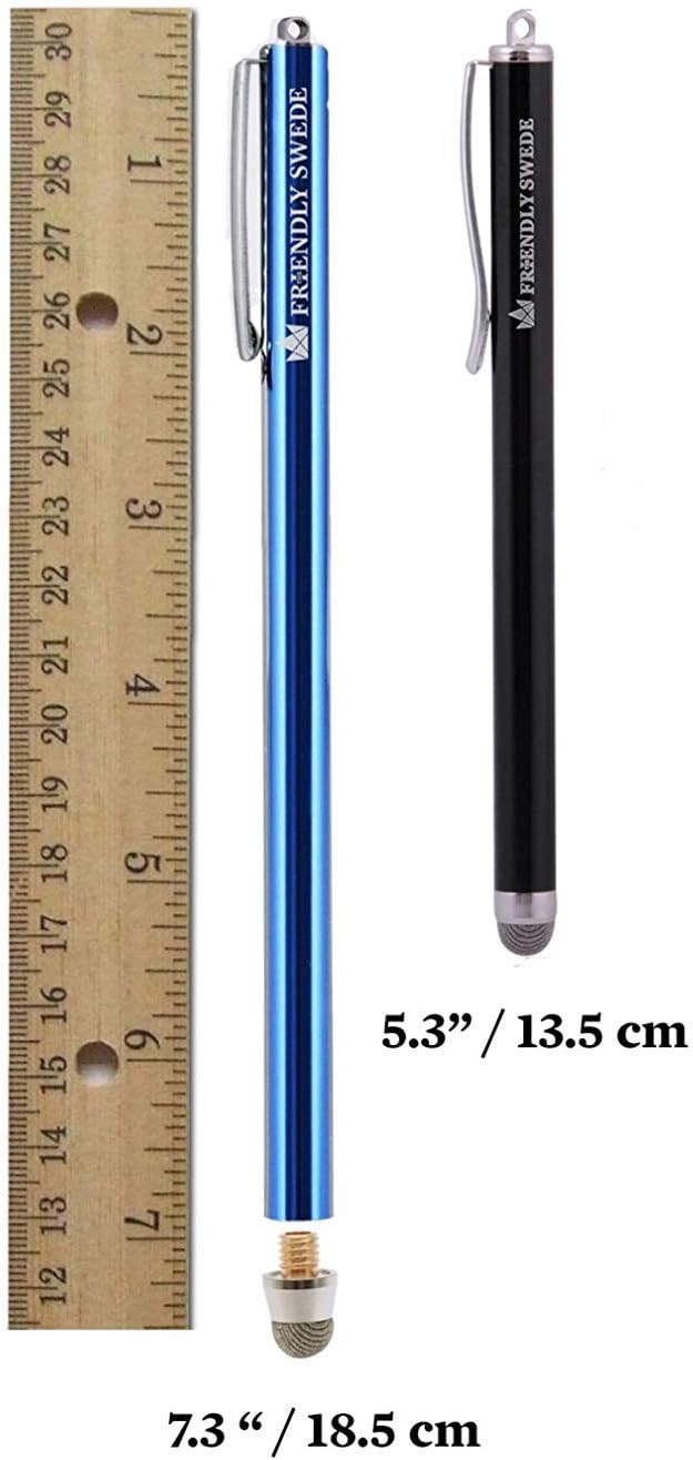 The Friendly Swede Extra Long Stylus Pen for Touchscreen — Set of 3 Micro-Knit 7.3" Capacitive Stylus Pens; Including 3 Replaceable Fiber Tips, 3 Elastic Lanyards & Cleaning Cloth - Silver