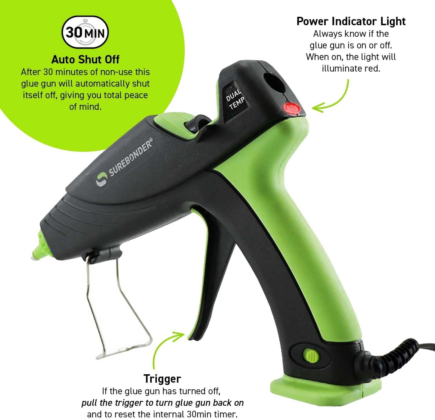 Surebonder Auto Shut Off Hot Glue Gun, Dual Temperature, Full Size, 1.5X Power of Full Size Glue Guns, Easy-Adjust Temp for Multiple Projects (Ultra Series DT-360F)