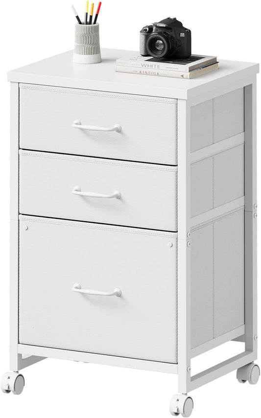 3 Drawer Mobile File Cabinet with Wheels Fabric Vertical Filing Cabinet fits A4 or Letter Size for Home Office,White