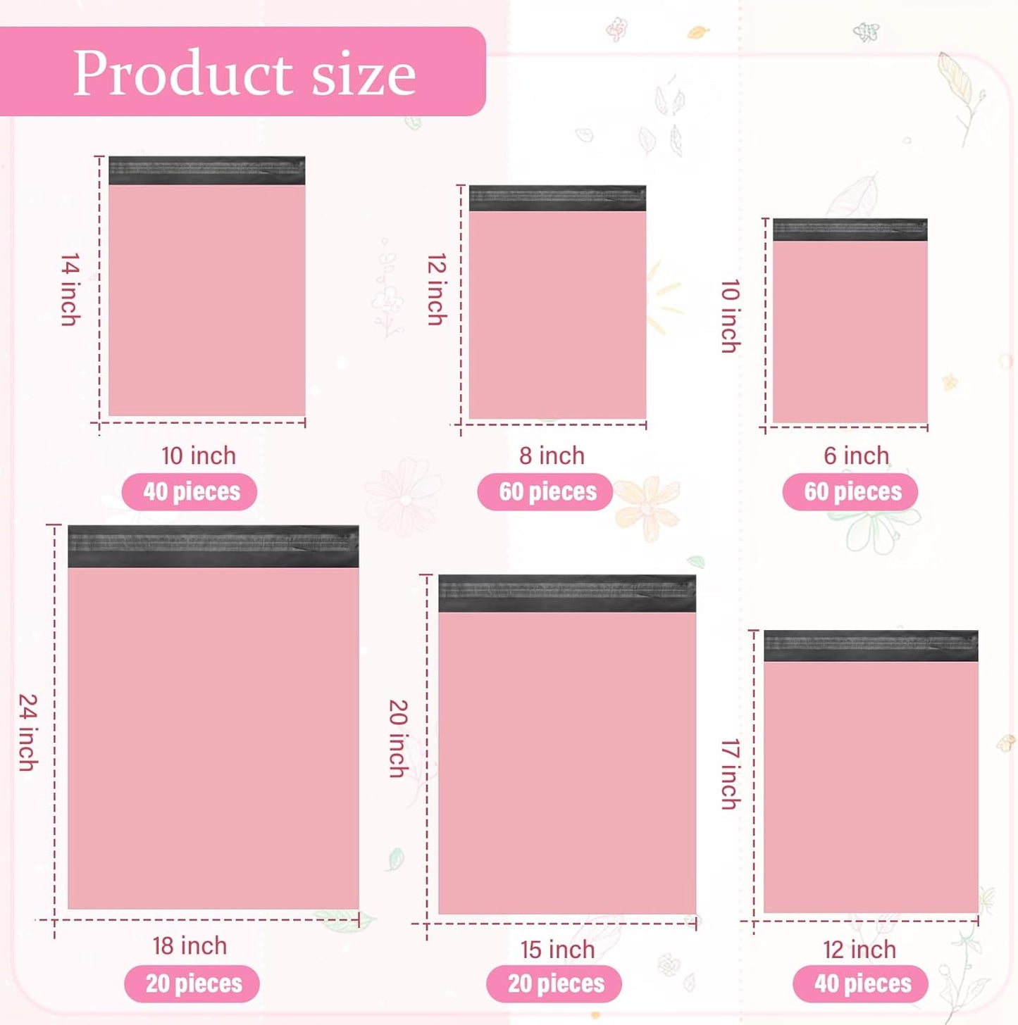 Outus 240 Pcs Poly Mailers Variety Pack Mailing Shipping Bags 6 Assorted Sizes Shipping Envelopes Self Adhesive Waterproof and Tear Proof Packaging Bags for Clothing Books Gift(Pink)
