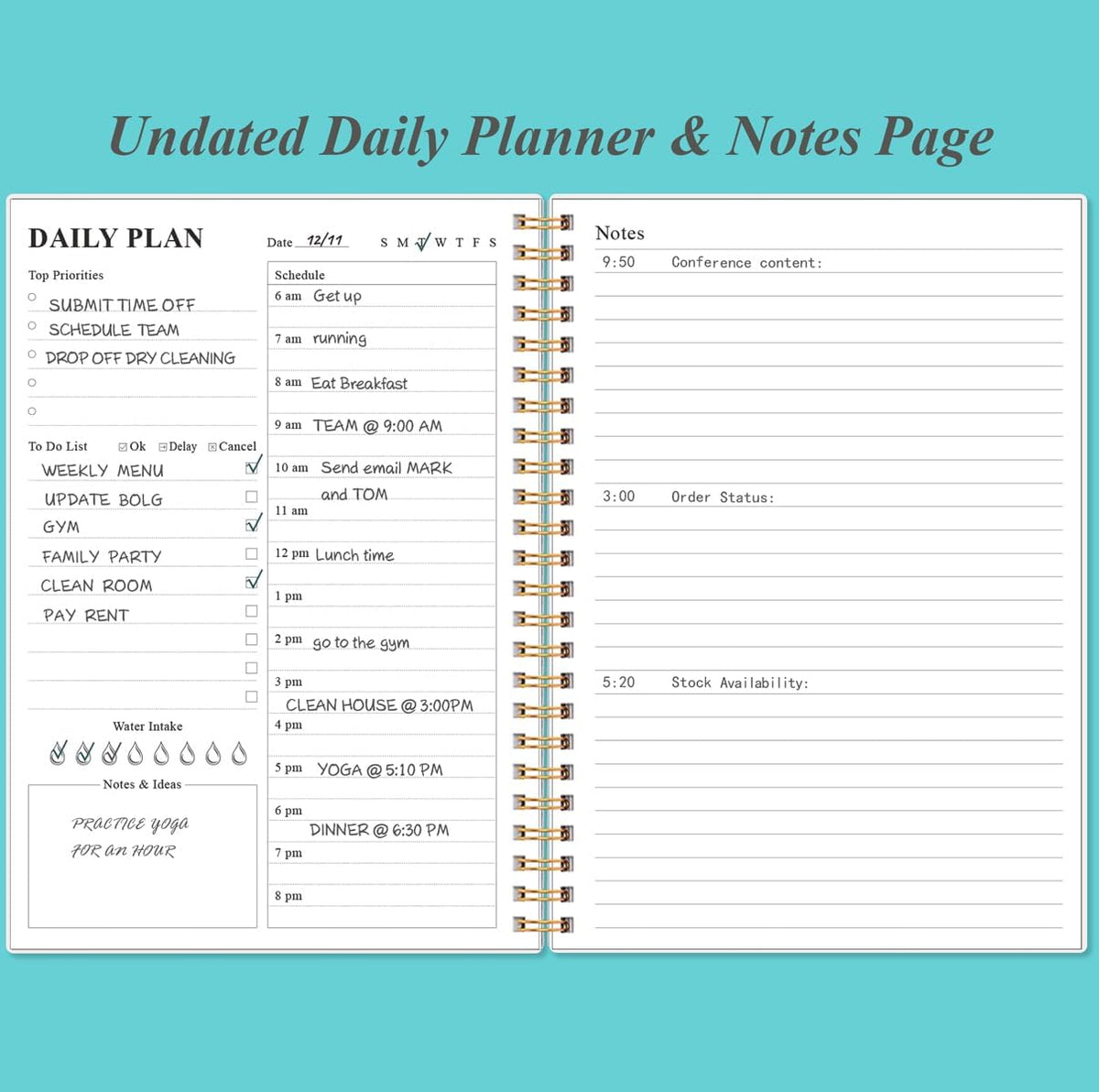 Daily Planner Undated - A5 To Do List Notebook Hourly Schedules, Spiral Appointment Planner for Women and Men, PVC Hardcover, Inner Pocket, Elastic Closure, 5.8" x 8.3", Teal Flowers