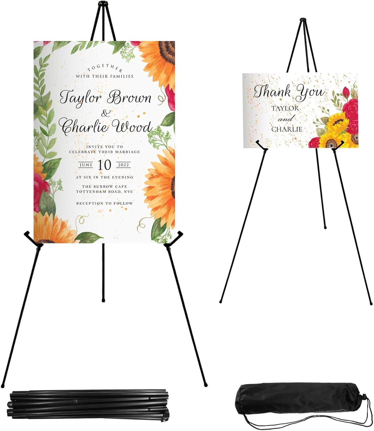 2PCS Black Easel Stand for Wedding Sign Stand, 66 Inch Portable Adjustable Poster Stands for Display, Floor Tripod Collapsible Display Easel, Balck Metal Easel Stand with Portable Bags