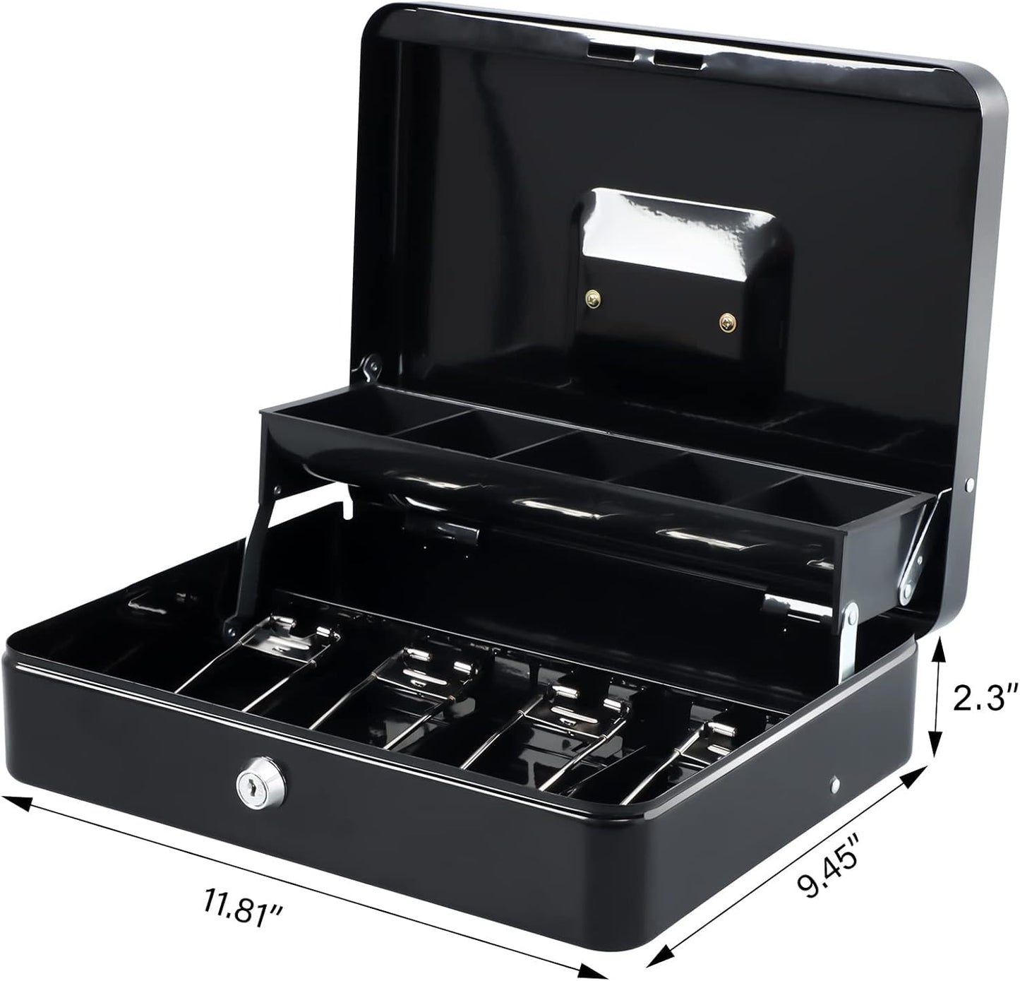 KYODOLED Cash Box with Money Tray, Key Lock Money Safe with Security Cable and Waterproof Bag, 11.81L*9.45W*3.54H inch, Black X Large